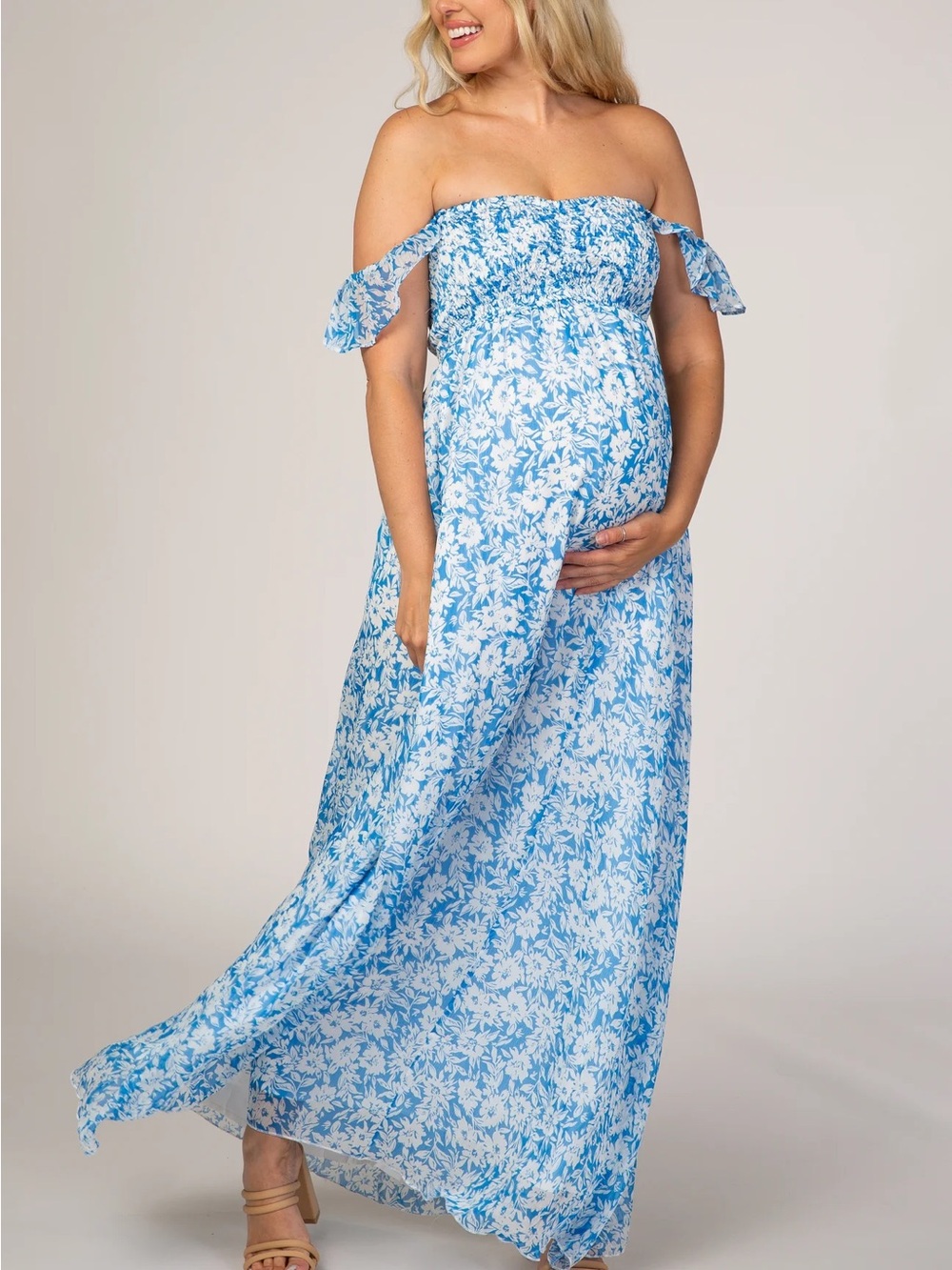 NWT Blue & White Floral Off-Shoulder Maxi Maternity Dress